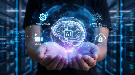 Obraz premium Person holding glowing digital brain icon representing artificial intelligence