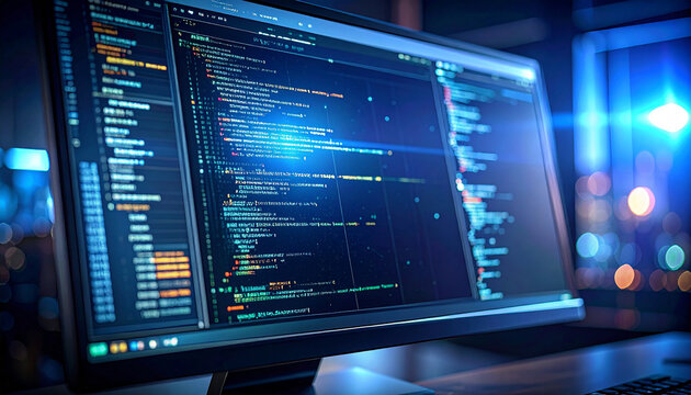 Coding on a High-Tech Monitor: A modern computer monitor displays lines of code in a dimly lit room, with a blurred cityscape visible in the background, suggesting a night of dedicated programming.