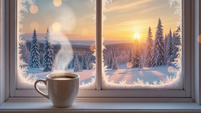 Steaming cup of coffee on a frosty window ledge with a stunning view of snow-covered pine trees and sunrise. Calm and cozy winter morning mood. Warm holiday feeling.