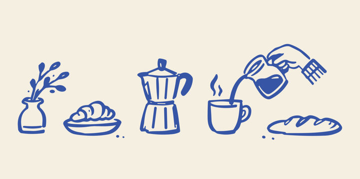Hand-drawn blue coffee breakfast icons, rustic morning cafe doodle set, minimalist moka pot and croissant vector illustrations