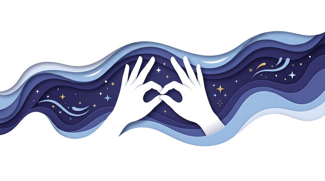 Wide horizontal flat-vector paper-cut banner for International Day of Sign Languages featuring hands forming a bridge connection sign on pure white background
