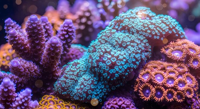 Vibrant colorful coral reef aquarium scene with glowing polyps on transparent background