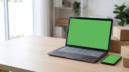 Fototapeta premium Laptop and Smartphone Green Screen Mockups on Wooden Desk with Shipping Boxes