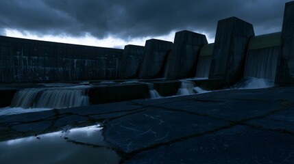 Fototapeta premium Ominous concrete dam waterfalls reflect stormy skies creating an industrial decay landscape