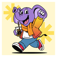 Obraz premium Cute Elephant Walking Cheerful Carrying Coffee