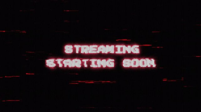Streaming starting soon glitch overlay for live gaming broadcast. Retro digital text distortion animation with red crt monitor vfx. Cyberpunk screen static noise intro graphic for a game channel