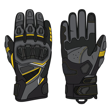 Professional Motocross Motorcycle Protective Racing Gloves Vector Illustration with Yellow Accents