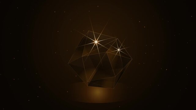 Abstract geometric crystal shape with glowing light flare on a dark brown background