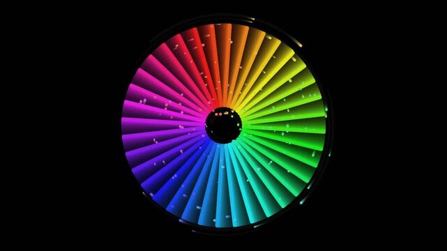 Abstract colorful spinning wheel with rainbow gradient rays and light particles on a dark black background
