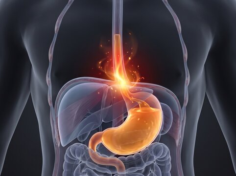 Human stomach anatomy with glowing inflammation and digestive system illustration.