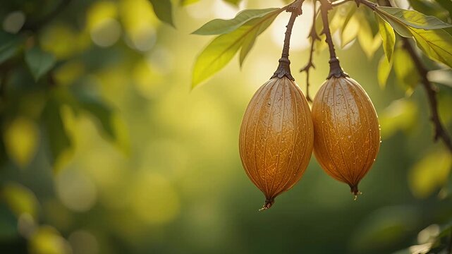 two brown hanging fruit pods on branch sunlit shallow depth of field