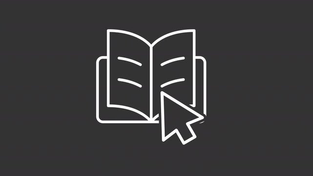 Animated digital library white line icon. Ebook service animation. Clicking book to read. Online learning sources. Education website. Isolated element on dark background. Alpha transparent video