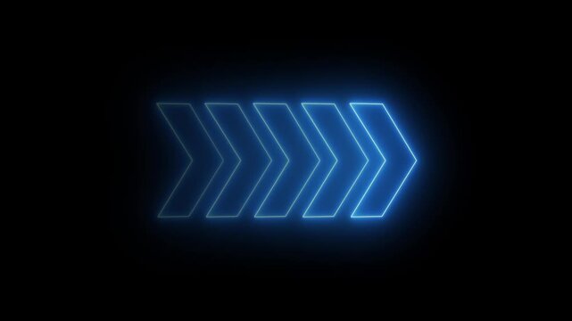 Glowing neon flashing light blue arrow loading animation. Left arrow for road direction. Abstract beautiful color neon left side animation. neon arrow moving left on black background 4k video.