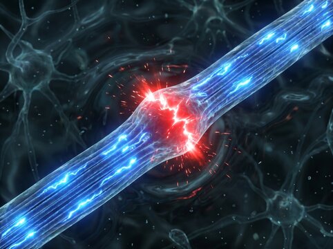 Close-up of a damaged nerve fiber with electrical impulses and inflammation.