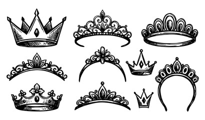 Set of diverse royal crowns and princess tiaras in black and white hand drawn sketch style with princess collection illustration accessory ornament headpiece isolated decoration © Shamim