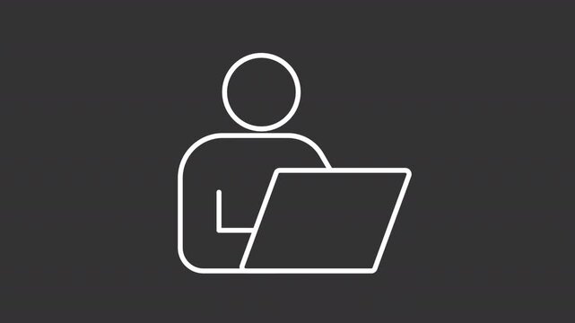 Animated remote worker white line icon. E learning animation. Freelancer working on laptop. E business running via computer. Isolated element on dark background. Alpha transparent video