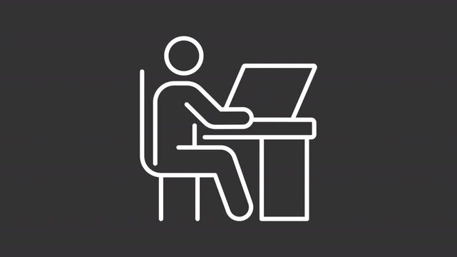 Animated office worker white line icon. Corporate employee animation. Person working on laptop at desk. Workplace with computer. Isolated element on dark background. Alpha transparent video