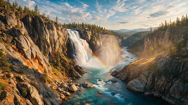 waterfall rainbow over canyon river scene with rocks and forest