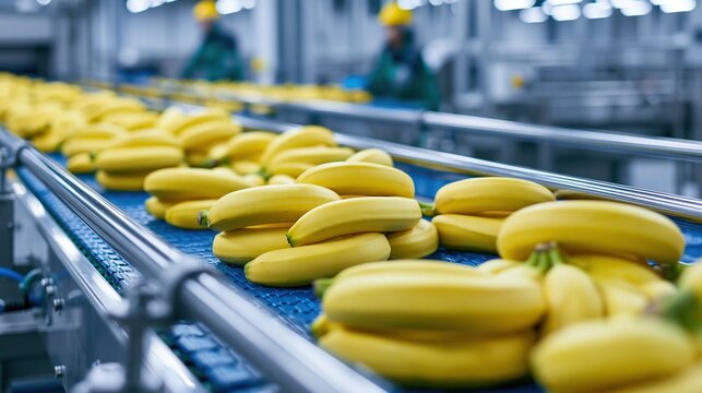 Fresh bananas moving along a conveyor belt in a modern food processing and packaging facility