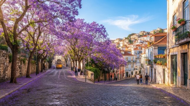 Jacaranda Avenue With Purple Blossoms Along Quiet Cobblestone Street