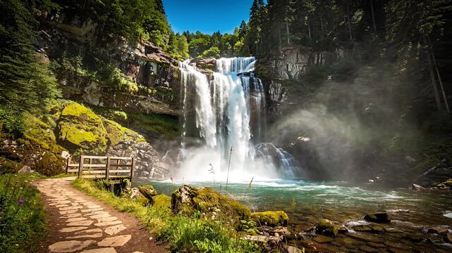 waterfall forest scene with path and railing