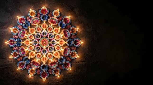 A beautiful circular rangoli pattern made of colorful lit diya lamps on a dark background