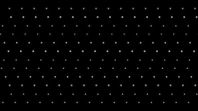 Abstract pattern with small white geometric shapes like circles squares and triangles arranged in rows on a black background