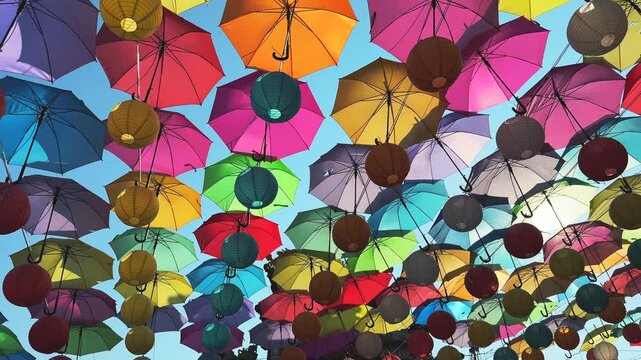 Colorful Umbrella Roof Canopy and blue sky in the background on sunny day