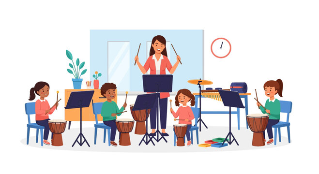 A friendly music teacher conducts a drum class with excited young students, learning rhythms and percussion instruments in a vibrant classroom setting.