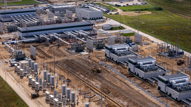 Aerial view of the Baltica 2 Onshore Substation featuring modern electrical infrastructure, transformers, and industrial buildings under construction in Choczewo, Poland.