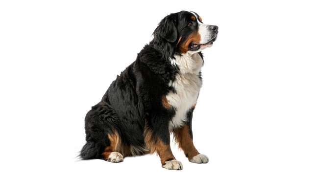 Bernese mountain dog sitting calmly isolated on a white background pet portrait