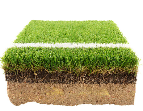 Cross-section of vibrant green artificial turf with white line marking, showcasing soil layers and roots, perfect for sports fields, landscaping, and eco-friendly design concepts