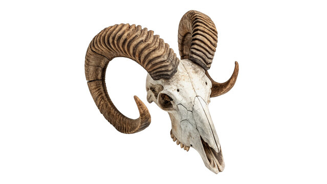 Ancient ram animal skull with twisted horns isolated on a white background