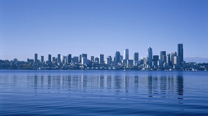 Fototapeta premium Panoramic View of a Modern City Skyline Reflecting on Calm Blue Water Under a Clear Sky