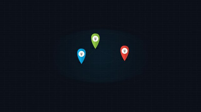 Three colorful map location pins with small icons on a dark background