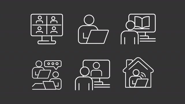 Animated virtual classroom white line icons. Online meeting animation set. Communication of teacher and students on video call. Isolated elements on dark background. Alpha channel HD video