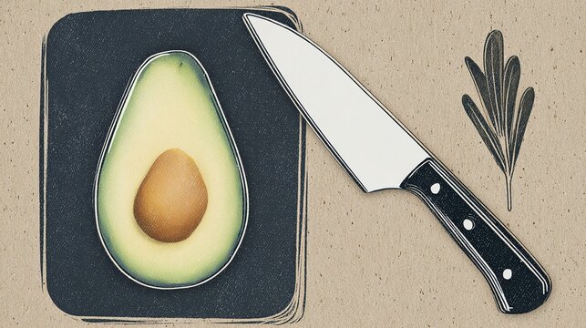 Avocado and knife with rosemary sprig on textured background