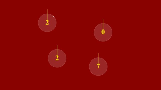 Year 2027 written with yellow numbers inside circular ornaments hanging on a deep red background for holiday celebration design