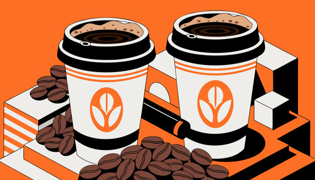 Two cups of coffee with beans on a geometric background
