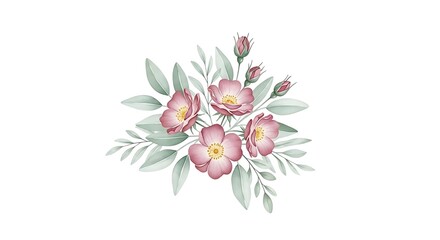 Fototapeta premium Delicate Watercolor Floral Bouquet Featuring Soft Pink Wild Rose Blossoms and Elegant Foliage Elements for Artistic Decorative Projects