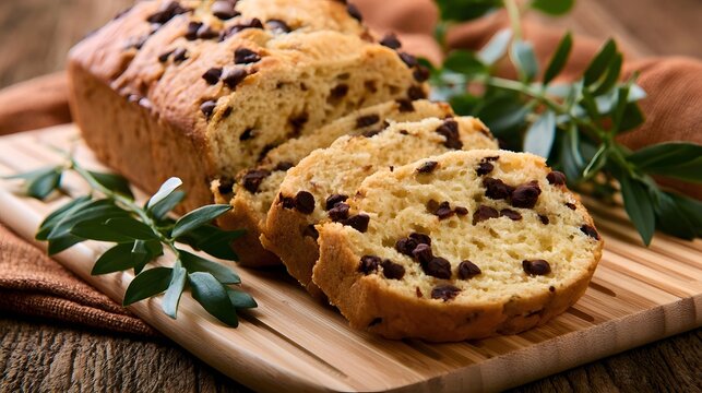 Sliced chocolate chip bread on a wooden cutting board with fresh greenery accents and warm rustic tones