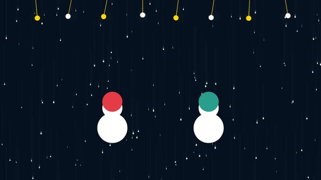 Two cute minimalist snowmen with red and green hats standing under hanging festive lights during a snowy winter night