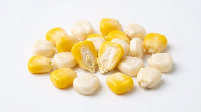 A macro shot of dried yellow corn kernels piled together on a white background.