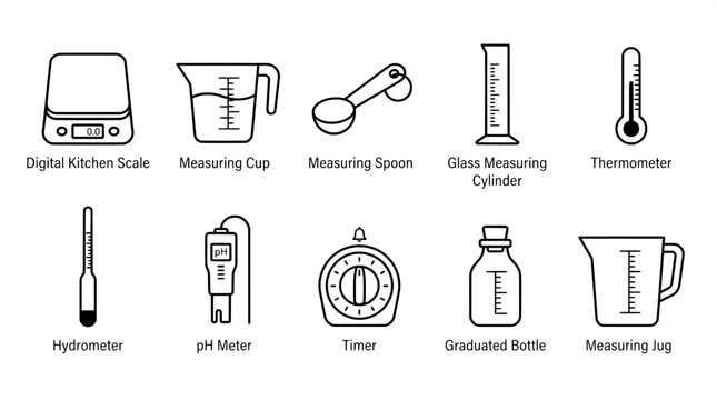 Scientific and food laboratory measurement equipment set including scales cups spoons thermometers hydrometers timers and cylinders