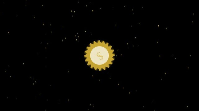 Golden sun shape icon with a dollar sign symbol in the center floating in dark space with small particles
