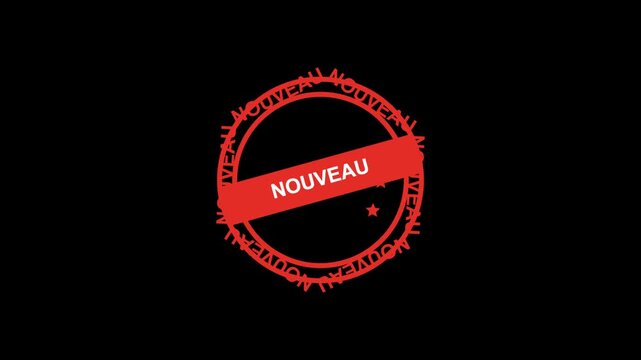 Red round rubber stamp with the word nouveau written in french on a black background for business and marketing promotion and new product launch announcements