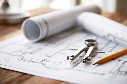Architectural blueprints and drafting tools on a wooden desk, representing planning and design