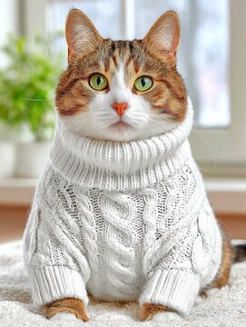 Cat wearing cream knit sweater indoors