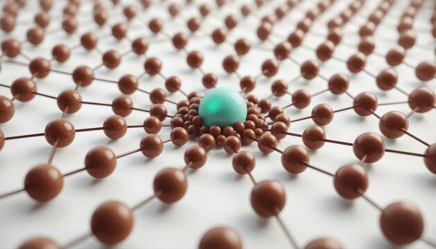 High detail 3D molecular grid with glowing cyan center particle and brown spheres molecule chemistry structure connection particle research scientific abstract technology innovation