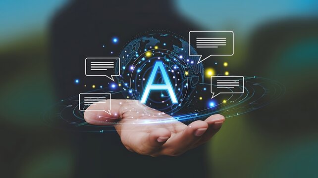Innovative AI concept featuring a luminous 'A' within a digital globe held by a hand, symbolizing global technological progress, data integration, and advanced communication solutions for the future